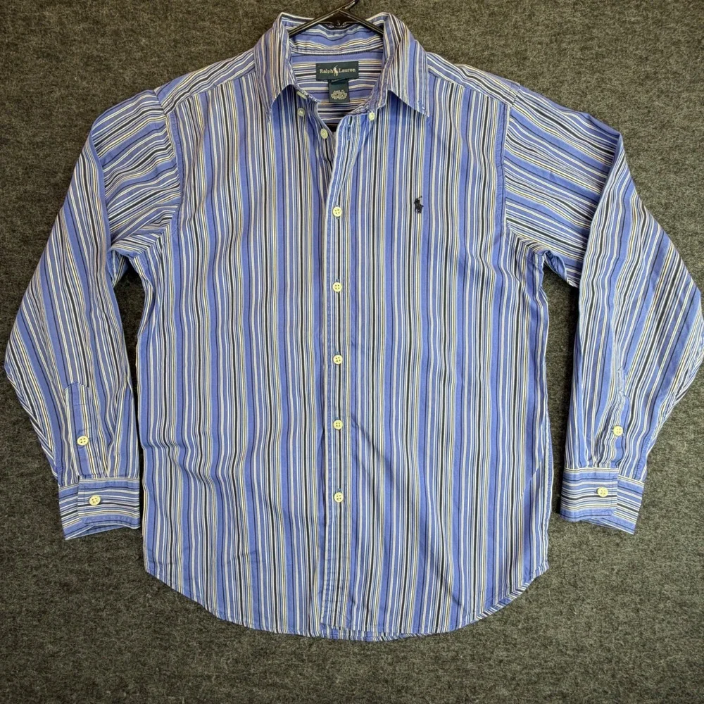 Ralph Lauren Button Down Shirt Kids L 14-16 Blue Striped Casual Long‎ Sleeve